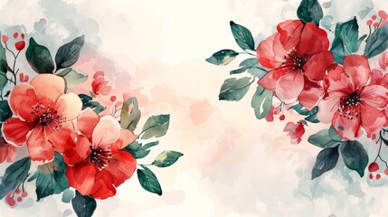 Wall Mural - Red watercolor flowers. Floral background.