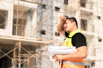 Tired Sweating Construction Worker On Building Site Under Sunlight