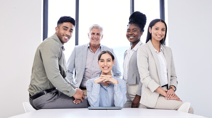 Wall Mural - Lawyers, diversity and portrait of business people in office sitting together after meeting. Collaboration, attorney and group of professional colleagues or coworkers in modern workplace or law firm