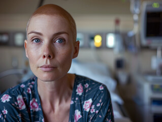 A woman with a shaved head is sitting in a hospital bed