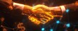 © Thamonchanok - Digital handshake symbolizing futuristic business partnership and technology integration with glowing effects and digital networks.