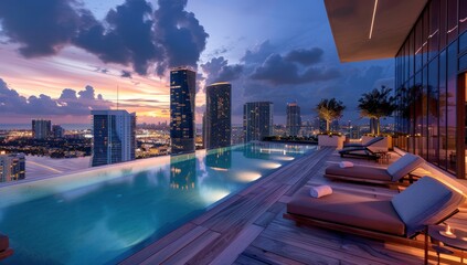 Wall Mural - A stunning outdoor terrace with loungers overlooking the Miami skyline