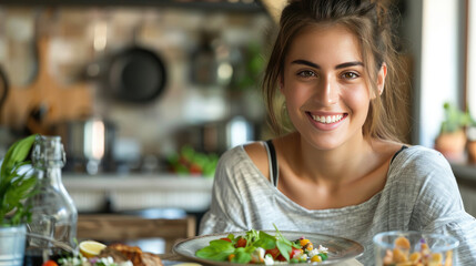 Wall Mural - A women smiling with plates of fresh, colorful salads in a cozy kitchen setting filled with vegetables and natural light. Practicing mindful eatingA