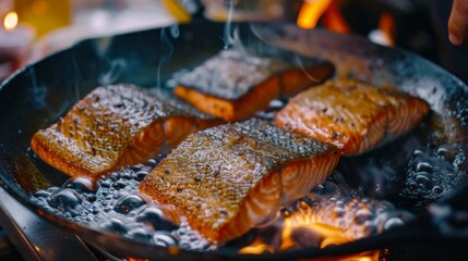 Canvas Print - A chef searing salmon fillets in a hot skillet, creating a golden crust on the outside while keeping the inside tender and moist.