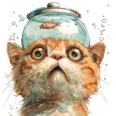 Wall Mural - A cat with a fish in a fishbowl on its head
