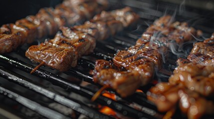 Wall Mural - A close-up of marinated pork skewers grilling on a hot charcoal barbecue, the meat caramelizing and emitting an irresistible aroma.