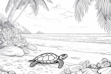 Canvas Print - Coloring pages of turtle in tropical beach with coconut trees at summer