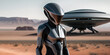 © RobinsonIcious - Alien astronaut on mars like planet with ufo spaceship in background. High resolution photorealistic illustration