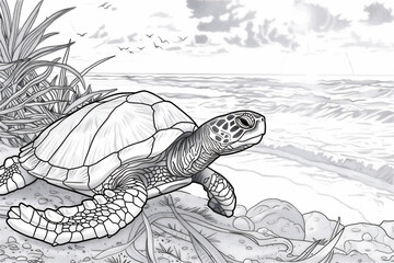 Canvas Print - Coloring pages of turtle in tropical beach at summer