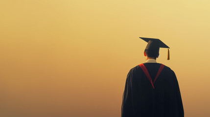 An individual wearing a graduation gown and cap looks out towards a sunset, representing achievement and contemplation of the future