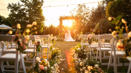 Beautiful Wedding ceremony event in garden at sunset.