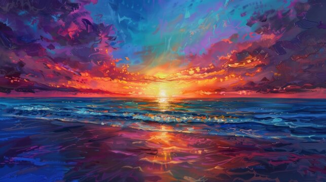 A colorful sunset over the ocean, with vibrant hues painting the sky and reflecting off the calm waves, creating a tranquil setting.