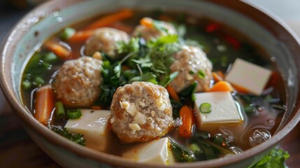 Wall Mural - A comforting bowl of Gaeng Jued, Thai clear soup with pork meatballs, tofu, and vegetables, flavored with garlic and cilantro.