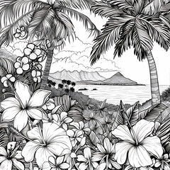 Wall Mural - Coloring pages of tropical island with flowers and coconut trees at summer