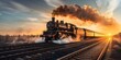 © Anastasiia - Sunset view of old steam train on railroad track vintage aesthetic. Concept Vintage Aesthetic, Sunset View, Steam Train, Railroad Track