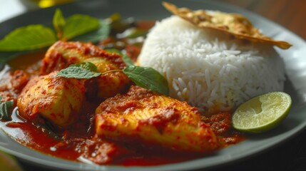 A delicious plate of fish curry, with tender fish fillets simmered in a spicy and tangy tomato-based gravy, served with steamed rice and papadum.