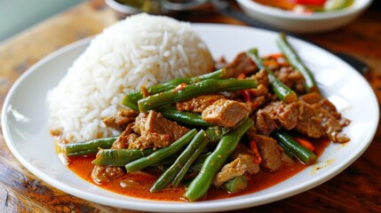 Wall Mural - A delicious plate of Pad Phrik King, Thai stir-fried green beans and pork belly in a spicy red curry paste, served with steamed jasmine rice.