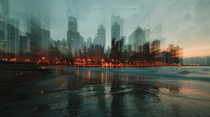 Double exposure of a night city skyline blending into a calm beach, illustrating the juxtaposition of urban energy and natural calm.