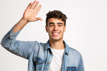 Wall Mural - Young Man in Denim Jacket Waving Hand and Smiling at Camera Isolated on White Background