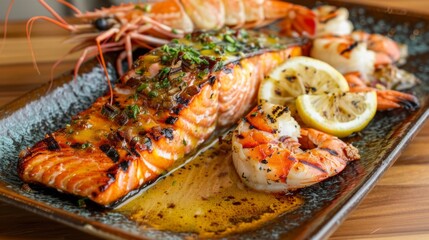 Wall Mural - A gourmet seafood platter featuring a whole roasted salmon glazed with maple mustard sauce, served alongside grilled shrimp and lobster tails.