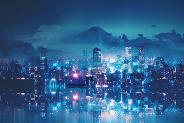 Wall Mural - Double exposure of a mountain range overlapping with the illuminated skyline of a city at night, symbolizing the coexistence of nature and civilization.