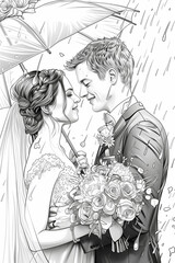 Wall Mural - bride and groom in the rain with umbrellas in hand