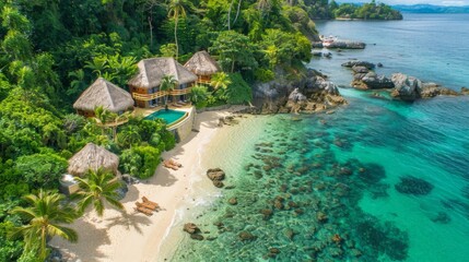 A luxurious beach resort with thatched-roof bungalows overlooking crystal-clear waters and white sandy beaches, offering a paradise getaway.