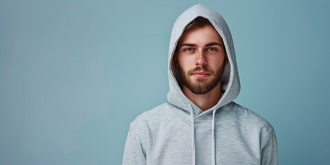 Portrait of a stylish man in a gray sweatshirt with space design mockup. Fashion concept