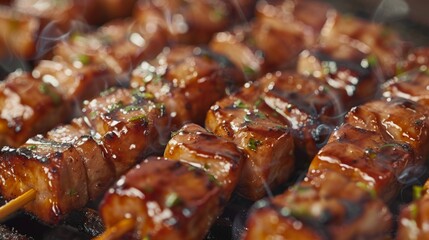 Canvas Print - A mouthwatering close-up of pork skewers on a hot grill, the meat caramelizing and the aroma tantalizing the taste buds.