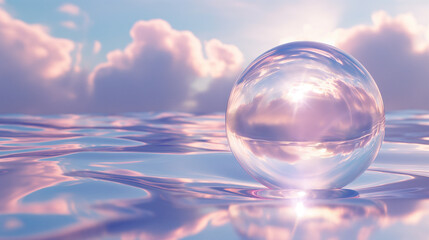 Sticker - there is a glass ball floating on the water with clouds in the background