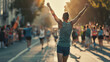© VK Studio - Triumphant runner raises fists in victory, cheered on by marathon spectators.