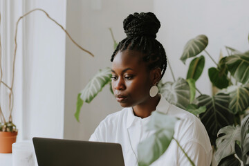 Wall Mural - there is a woman sitting at a table with a laptop