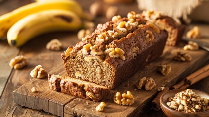 A mouthwatering slice of banana bread, moist and flavorful with ripe bananas, walnuts, and a hint of cinnamon, served on a rustic wooden board.