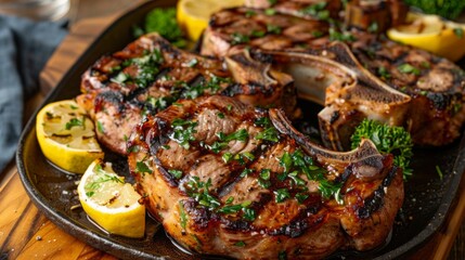 Wall Mural - A platter of grilled pork loin chops, beautifully seared and seasoned, served with a fresh herb garnish and lemon wedges.