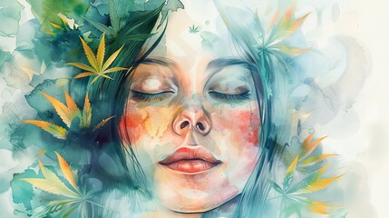 Wall Mural - Infographic of cannabis benefits for mental health, watercolor style, soft pastels, serene and calming design