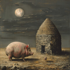 Poster - painting of a pig standing in front of a stone building