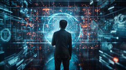 Poster - arafed image of a man standing in front of a futuristic display