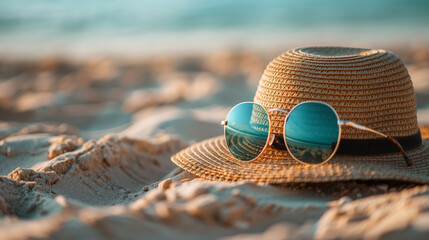 Wall Mural - arafed hat and sunglasses on the beach with a blue ocean in the background