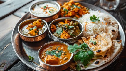 Wall Mural - A traditional thali platter, featuring a selection of Indian dishes such as dal, paneer tikka, aloo gobi, and roti, offering a feast for the senses.