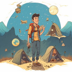 Poster - cartoon illustration of a man standing in front of a tent with a map