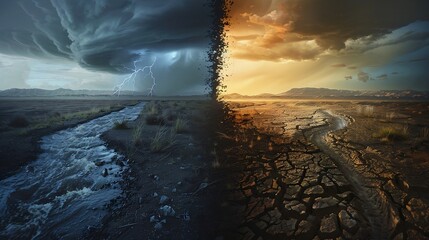 A split landscape with tornado and drought. Global warming and ecology concept. Digital illustration for poster, banner, presentation 