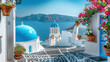 © 沈军 贡 - The Greek island of Santorini is picturesque, with its iconic white buildings and blue domes overlooking the sea. The cobbled streets are lined with traditional floral courtyards