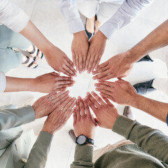 Canvas Print - Collaboration, business people and hands in circle for synergy, support and solidarity in office. Partnership, teamwork and cooperation for motivation, goal and integration of corporate staff by top