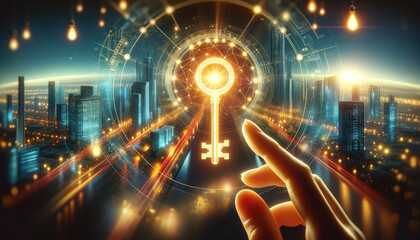 Hand reaching towards a glowing futuristic key in a cityscape. Concept of unlocking potential, technology, and future possibilities.