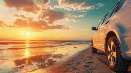 Wall Mural - Beach sunset drive with a car