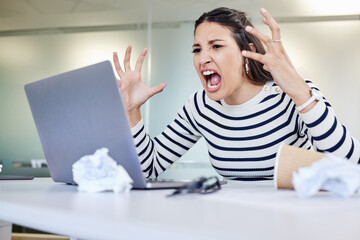 Angry, woman and screaming at computer frustrated with stress from online, glitch, mistake or problem. Shouting, person or anger for error, email and laptop connection fail or delete work on accident