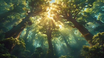 A magnificent forest with towering evergreen trees reaching towards the sky, creating a sense of awe and wonder in the midst of nature's green beauty