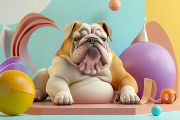 Illustration of chubby dog with obesity lying on table with fruits, voluminous objects, textures in pop-up 3 D style. Modern trendy bright colors, excess weight, issue obesity concept , healthy eating