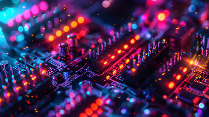 Wall Mural - A close-up of a computer circuit board with a glowing purple and blue light