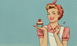 © Aul Zitzke - Paper textured vintage style illustration of cheerful young woman with apron holding cupcake in her hand and standing isolated on blue background. Happy housewife of the 1950s concept. Copy space